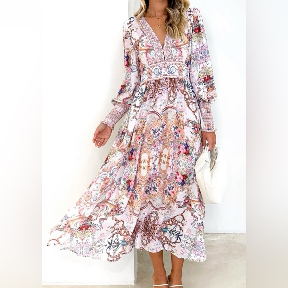 Boho Baroque Floral Maxi Dress Flowy Long Sleeve V Neck Scarf Print Cottagecore - Picture 5 of 15